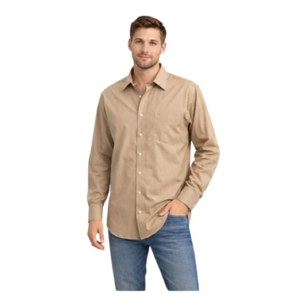 Stafford Men's Casual Button Down Tan Shirt - Picture 8 of 8